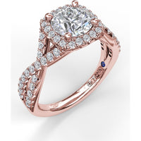 Twist Engagement Ring Setting with Cushion Halo and Pavé Diamonds by Fana - 0.53 Carat Total Diamond Weight