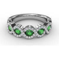 Twist Ring with Pear-Shaped Emeralds and Diamond Halos by Fana - 0.80 Carat Total Gemstone Weight