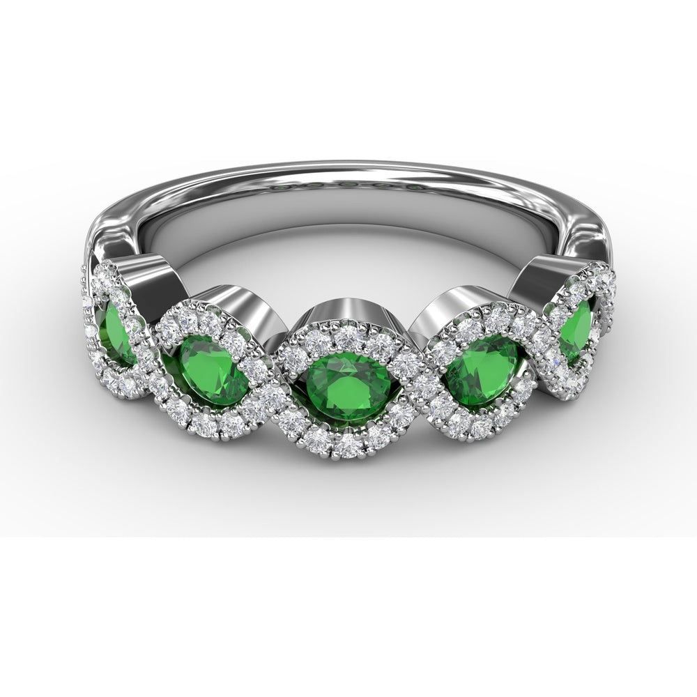 Twist Ring with Pear-Shaped Emeralds and Diamond Halos by Fana - 0.80 Carat Total Gemstone Weight