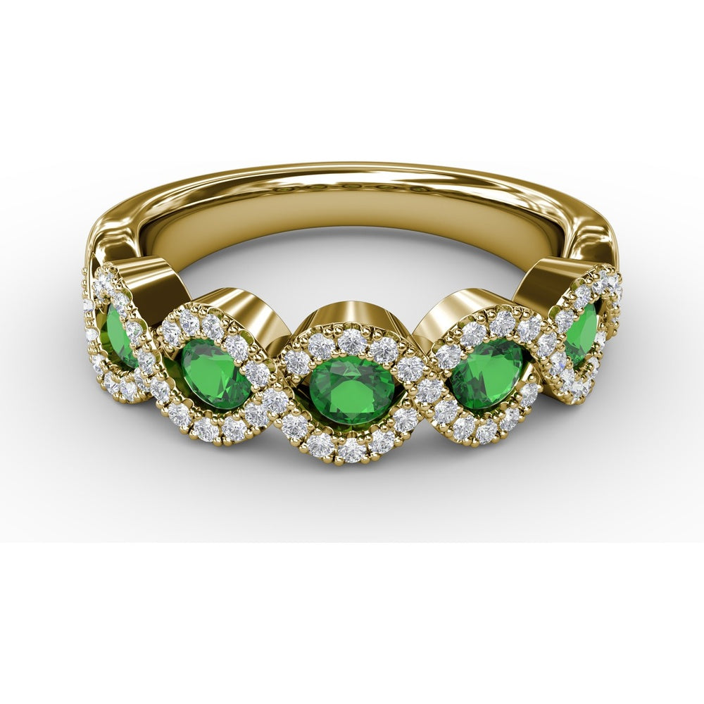 Twist Ring with Pear-Shaped Emeralds and Diamond Halos by Fana - 0.80 Carat Total Gemstone Weight