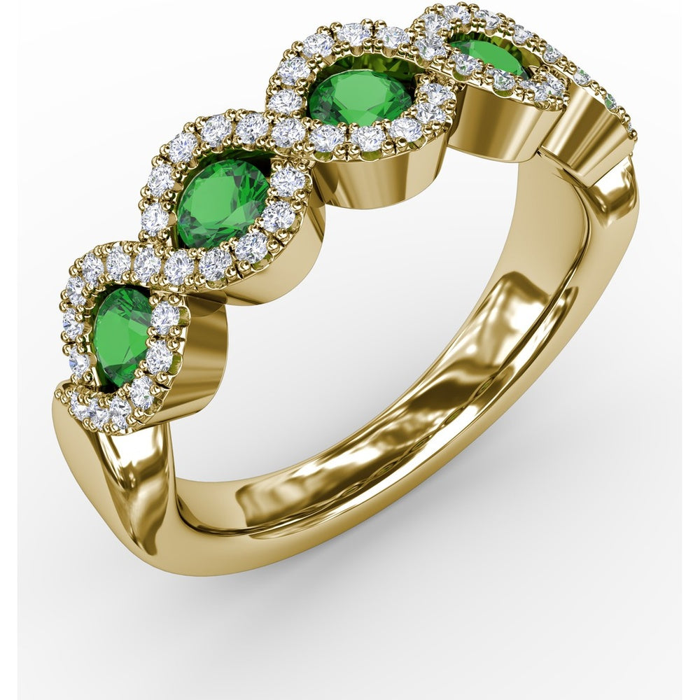 Twist Ring with Pear-Shaped Emeralds and Diamond Halos by Fana - 0.80 Carat Total Gemstone Weight