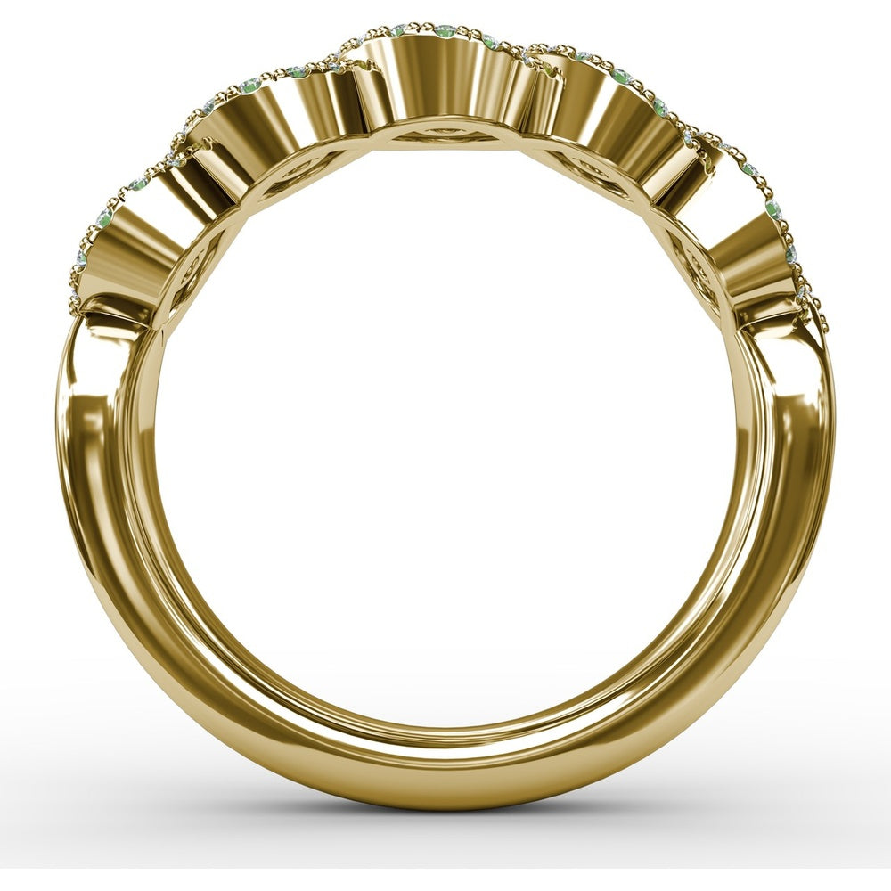 Twist Ring with Pear-Shaped Emeralds and Diamond Halos by Fana - 0.80 Carat Total Gemstone Weight
