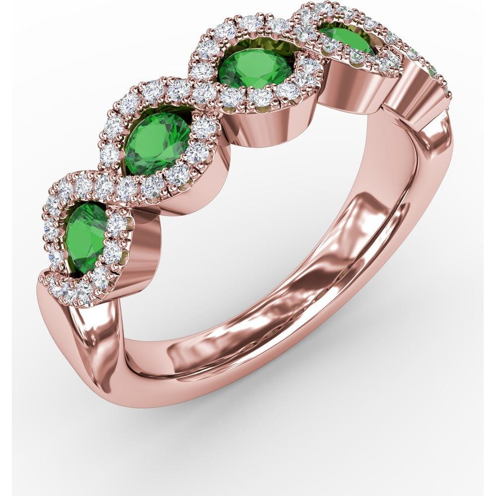 Twist Ring with Pear-Shaped Emeralds and Diamond Halos by Fana - 0.80 Carat Total Gemstone Weight