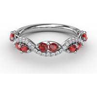 Twist Ring with Round Rubies and Pavé Diamonds by Fana - 0.82 Carat Total Gemstone Weight