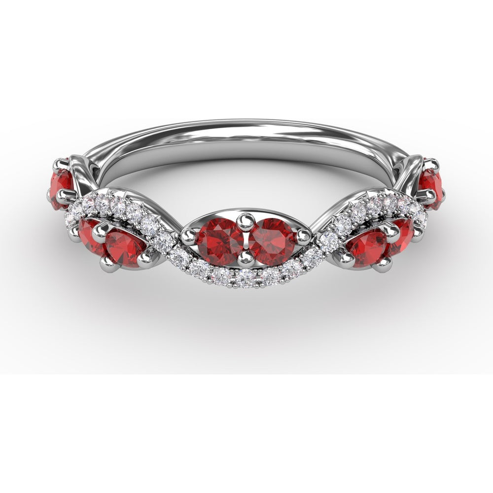 Twist Ring with Round Rubies and Pavé Diamonds by Fana - 0.82 Carat Total Gemstone Weight