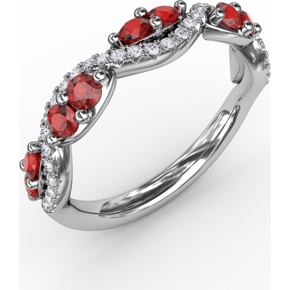 Twist Ring with Round Rubies and Pavé Diamonds by Fana - 0.82 Carat Total Gemstone Weight