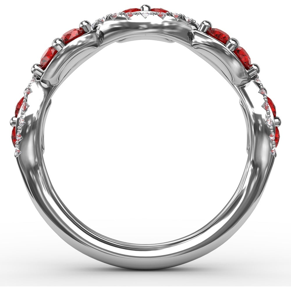 Twist Ring with Round Rubies and Pavé Diamonds by Fana - 0.82 Carat Total Gemstone Weight