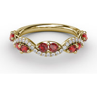 Twist Ring with Round Rubies and Pavé Diamonds by Fana - 0.82 Carat Total Gemstone Weight