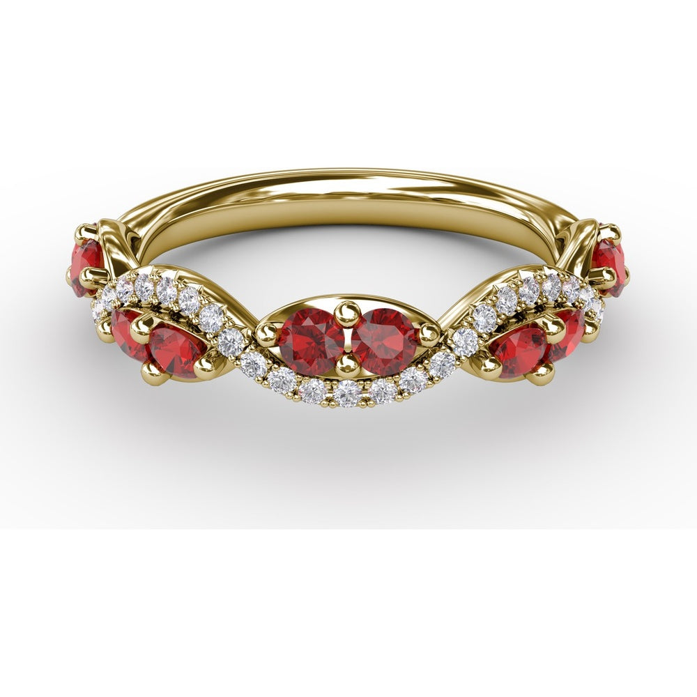 Twist Ring with Round Rubies and Pavé Diamonds by Fana - 0.82 Carat Total Gemstone Weight