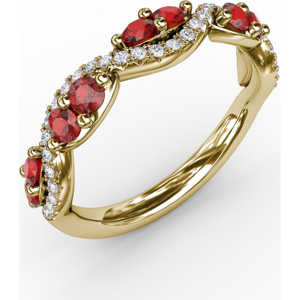 Twist Ring with Round Rubies and Pavé Diamonds by Fana - 0.82 Carat Total Gemstone Weight