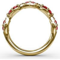 Twist Ring with Round Rubies and Pavé Diamonds by Fana - 0.82 Carat Total Gemstone Weight