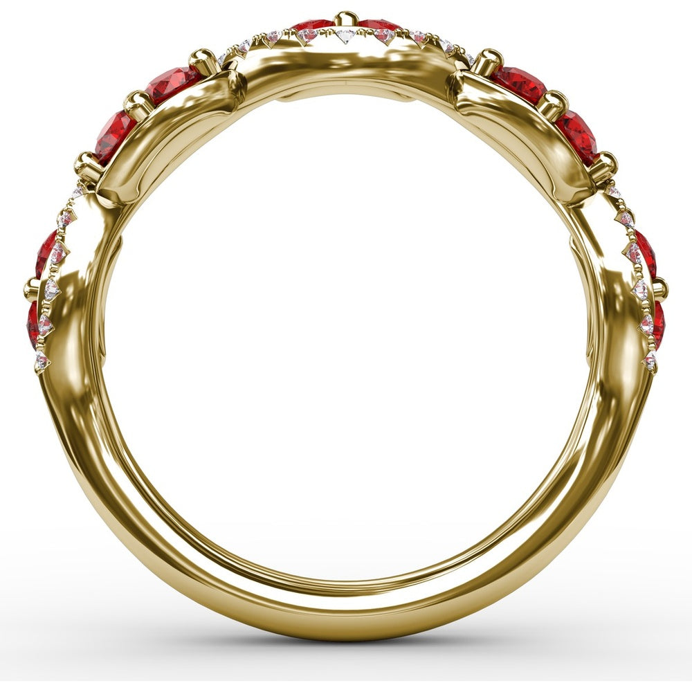Twist Ring with Round Rubies and Pavé Diamonds by Fana - 0.82 Carat Total Gemstone Weight