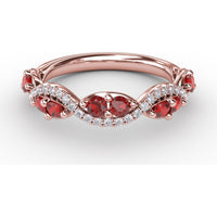 Twist Ring with Round Rubies and Pavé Diamonds by Fana - 0.82 Carat Total Gemstone Weight