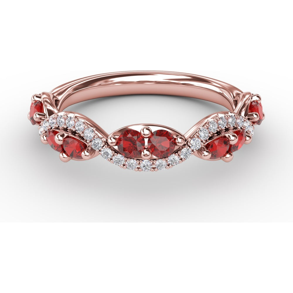 Twist Ring with Round Rubies and Pavé Diamonds by Fana - 0.82 Carat Total Gemstone Weight