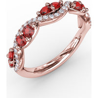 Twist Ring with Round Rubies and Pavé Diamonds by Fana - 0.82 Carat Total Gemstone Weight