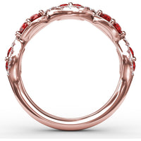 Twist Ring with Round Rubies and Pavé Diamonds by Fana - 0.82 Carat Total Gemstone Weight