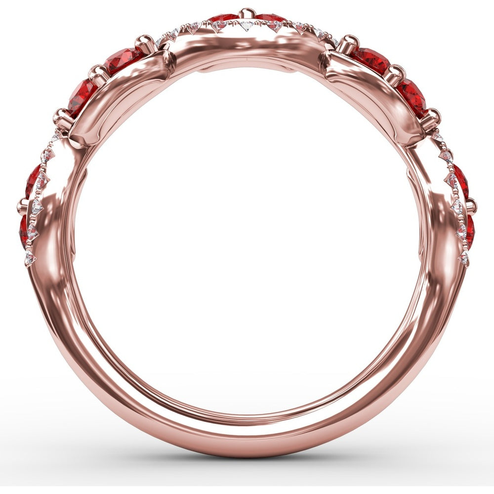 Twist Ring with Round Rubies and Pavé Diamonds by Fana - 0.82 Carat Total Gemstone Weight