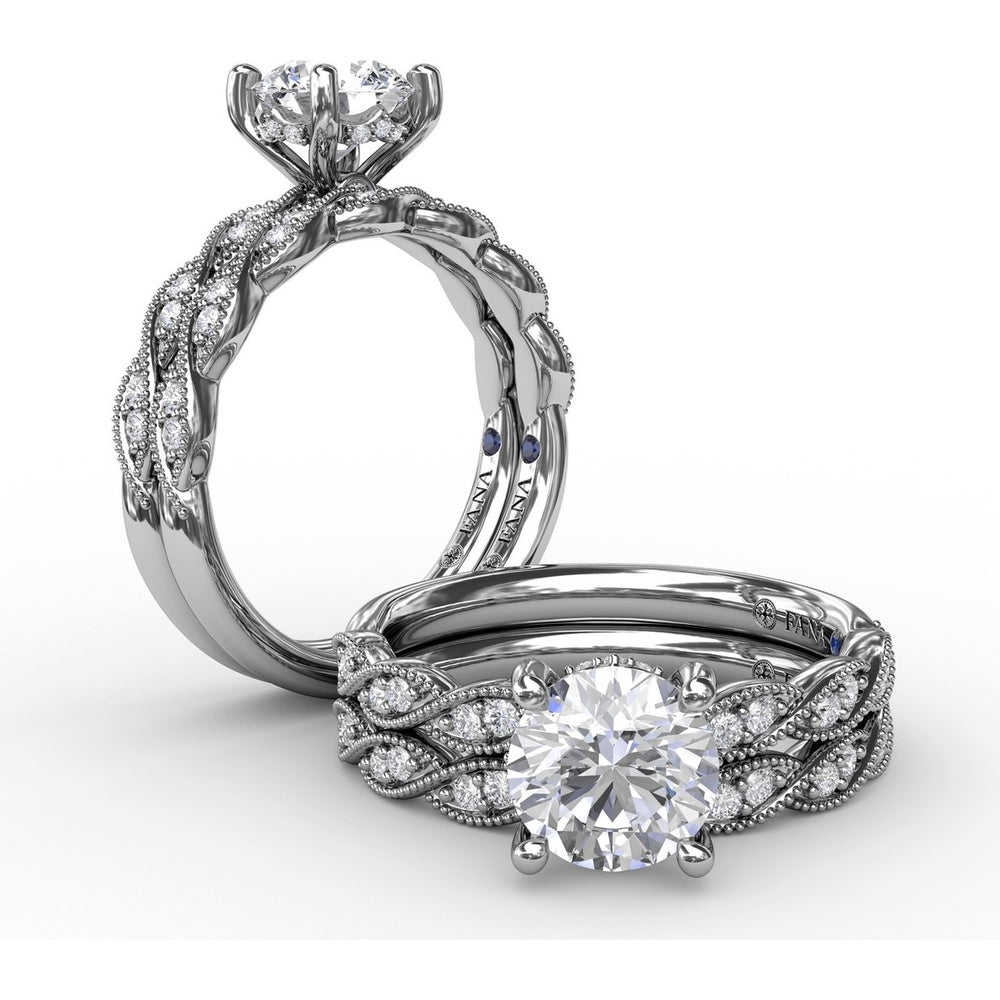 Twisted Diamond Engagement Ring Setting with Hidden Pavé Halo and Milgrain Details by Fana