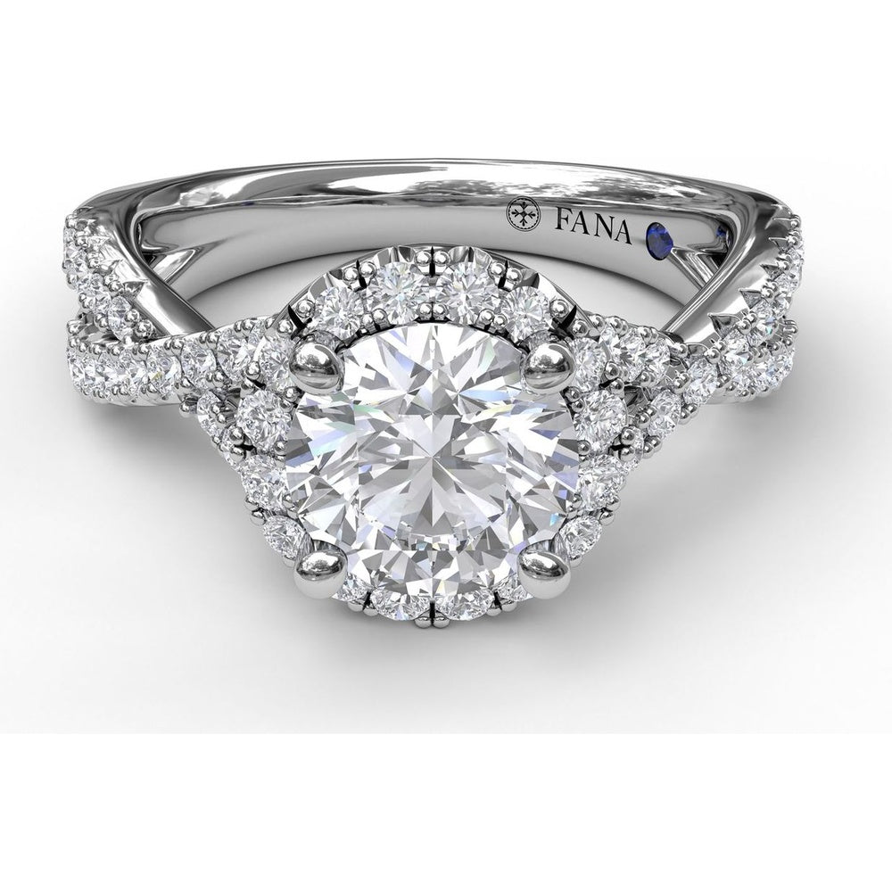 Twisted Pavé Split Shank Engagement Ring Setting with Round Diamond Halo by Fana - 0.54 Carat Total Diamond Weight