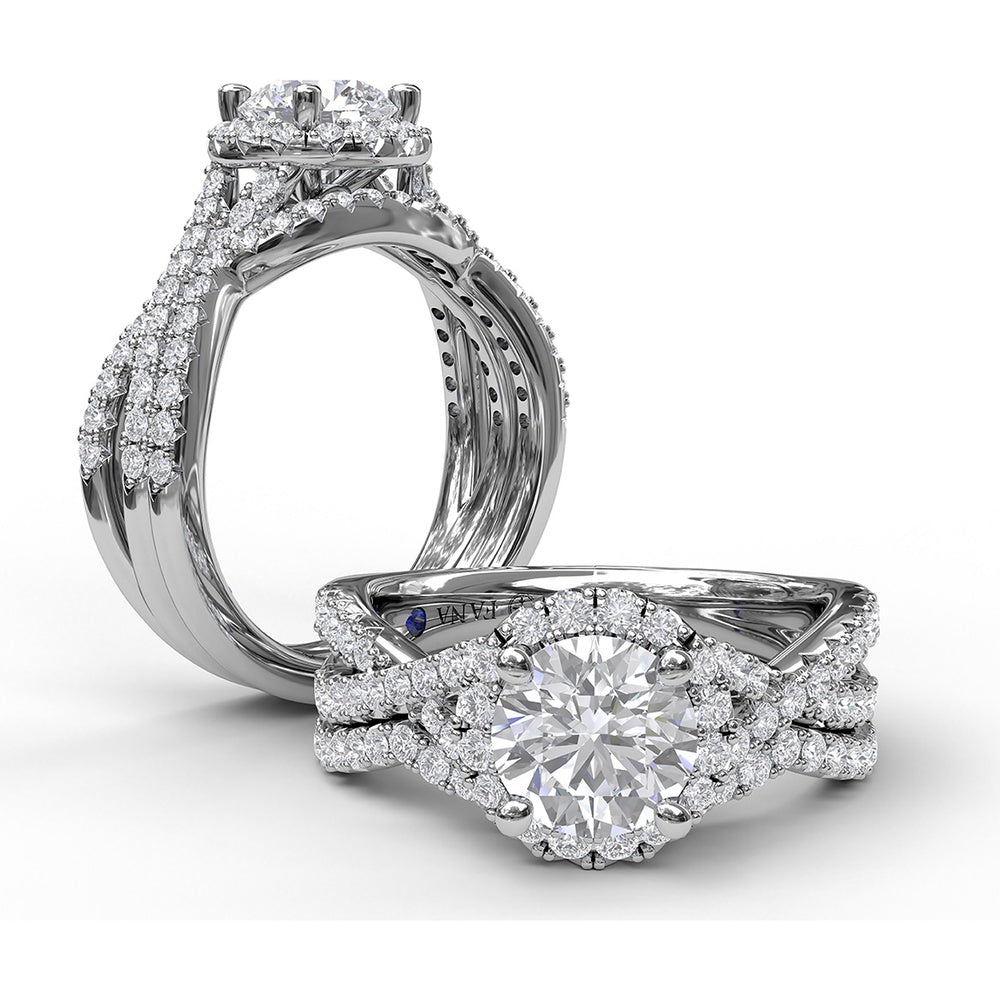 Twisted Pavé Split Shank Engagement Ring Setting with Round Diamond Halo by Fana - 0.54 Carat Total Diamond Weight