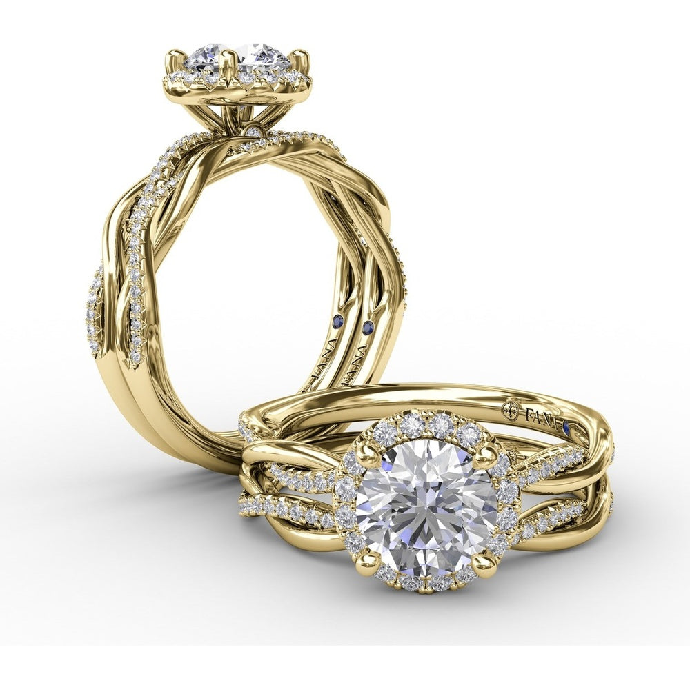 Twisted Split Shank Engagement Ring Setting with Round Diamond Halo and Pavé Band by Fana - 0.25 Carat Total Diamond Weight