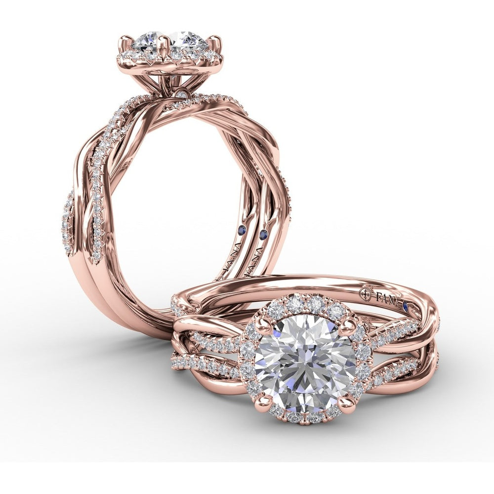 Twisted Split Shank Engagement Ring Setting with Round Diamond Halo and Pavé Band by Fana - 0.25 Carat Total Diamond Weight