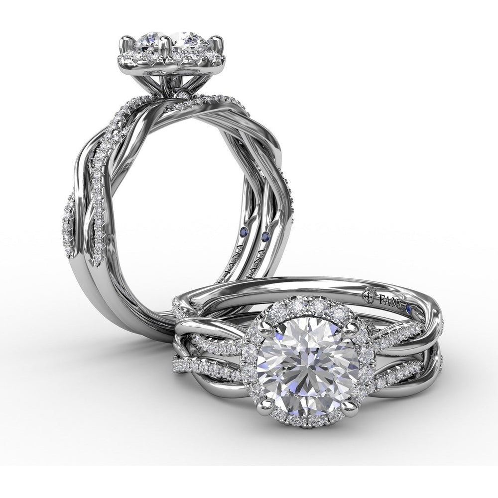 Twisted Split Shank Engagement Ring Setting with Round Diamond Halo and Pavé Band by Fana - 0.25 Carat Total Diamond Weight