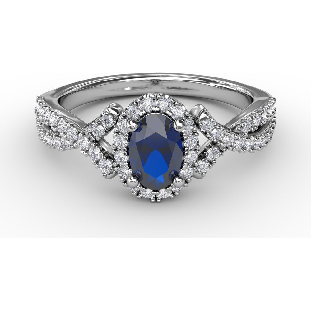 Twisted Split Shank Ring with Oval Sapphire Halo and Pavé Diamonds by Fana - 1.01 Carat Total Gemstone Weight
