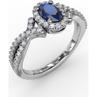 Twisted Split Shank Ring with Oval Sapphire Halo and Pavé Diamonds by Fana - 1.01 Carat Total Gemstone Weight