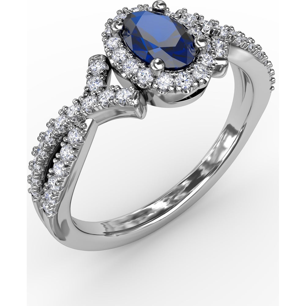 Twisted Split Shank Ring with Oval Sapphire Halo and Pavé Diamonds by Fana - 1.01 Carat Total Gemstone Weight