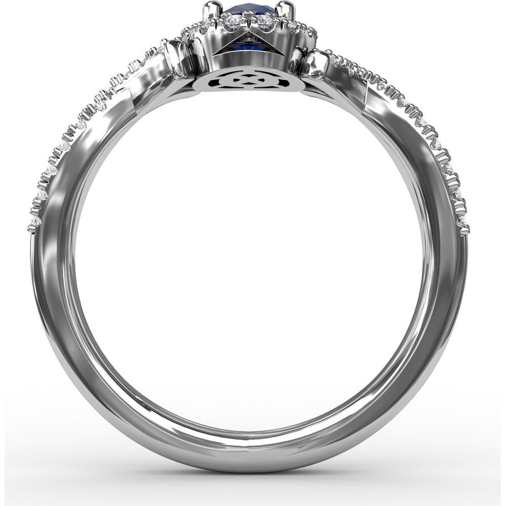 Twisted Split Shank Ring with Oval Sapphire Halo and Pavé Diamonds by Fana - 1.01 Carat Total Gemstone Weight