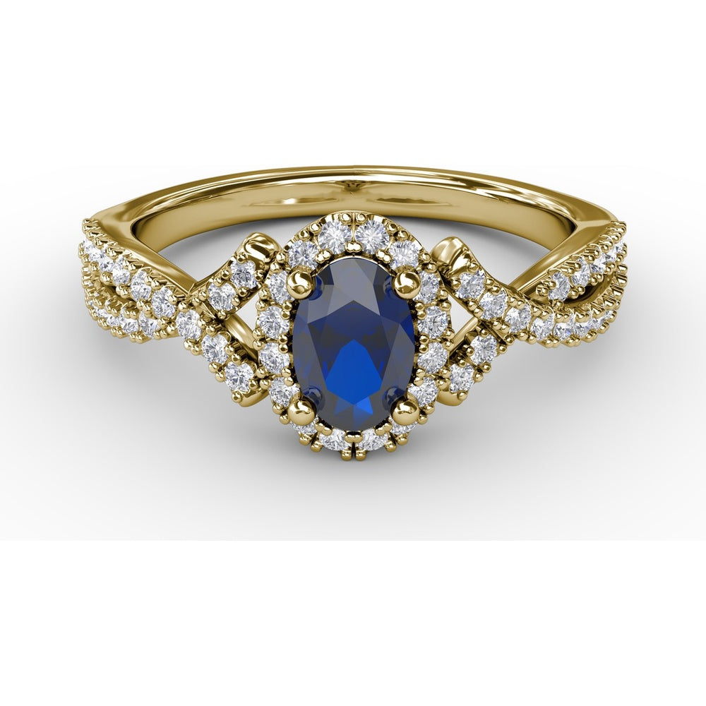 Twisted Split Shank Ring with Oval Sapphire Halo and Pavé Diamonds by Fana - 1.01 Carat Total Gemstone Weight