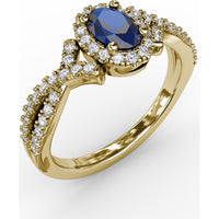 Twisted Split Shank Ring with Oval Sapphire Halo and Pavé Diamonds by Fana - 1.01 Carat Total Gemstone Weight