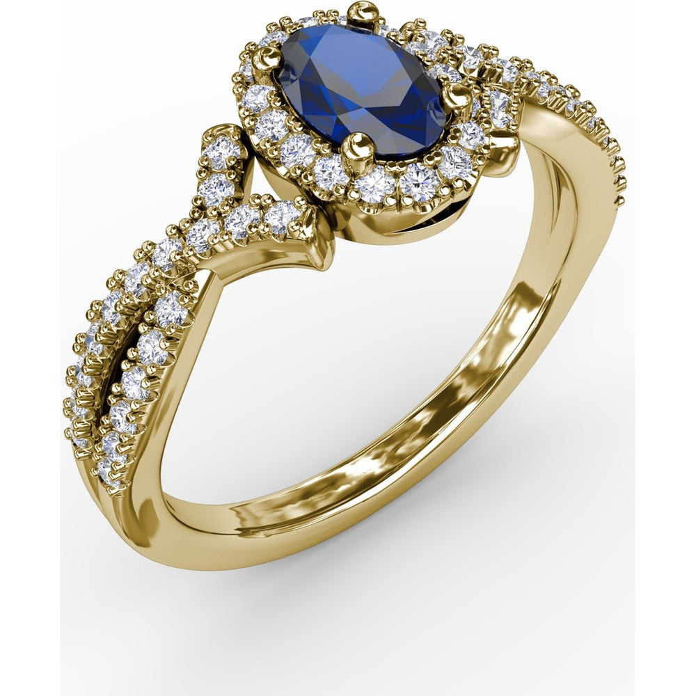 Twisted Split Shank Ring with Oval Sapphire Halo and Pavé Diamonds by Fana - 1.01 Carat Total Gemstone Weight
