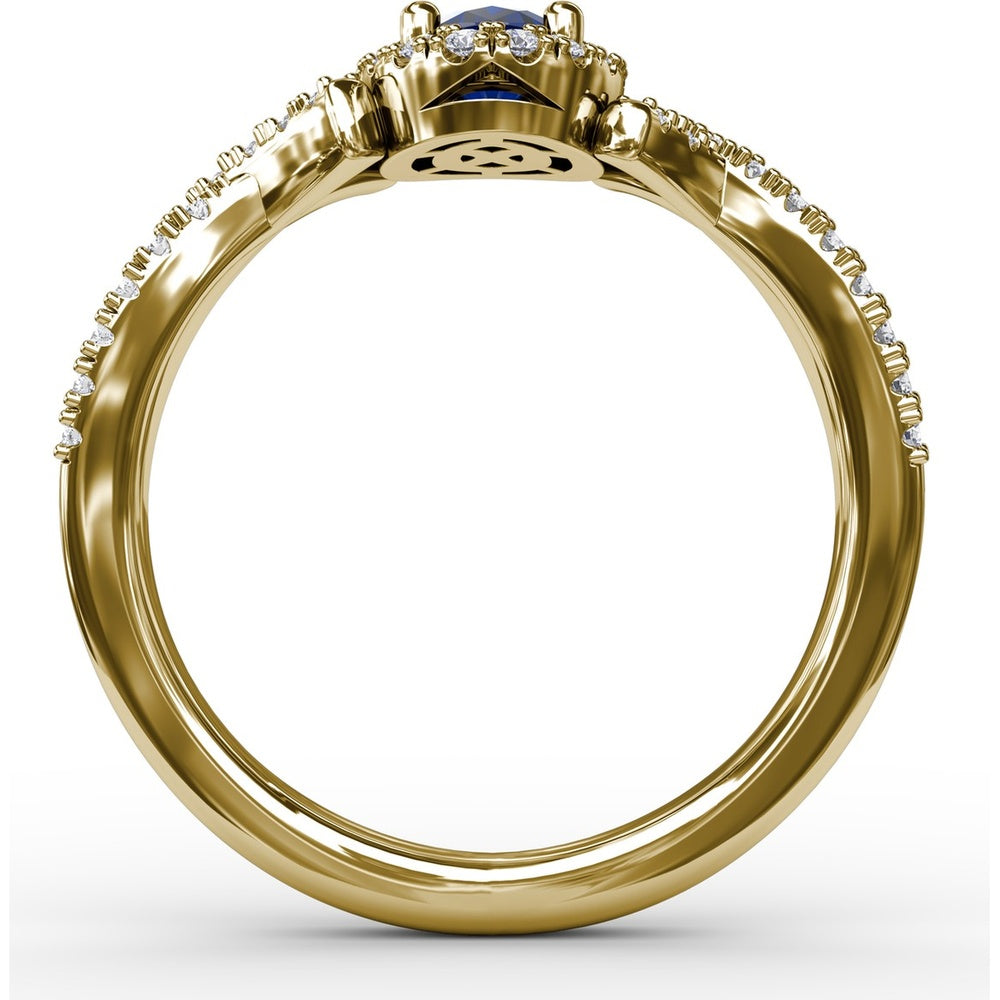 Twisted Split Shank Ring with Oval Sapphire Halo and Pavé Diamonds by Fana - 1.01 Carat Total Gemstone Weight