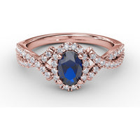 Twisted Split Shank Ring with Oval Sapphire Halo and Pavé Diamonds by Fana - 1.01 Carat Total Gemstone Weight