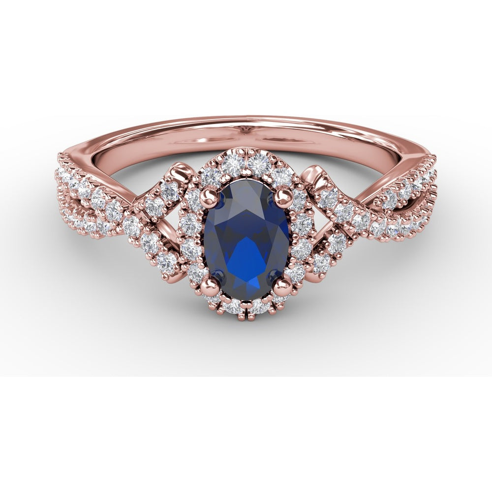Twisted Split Shank Ring with Oval Sapphire Halo and Pavé Diamonds by Fana - 1.01 Carat Total Gemstone Weight