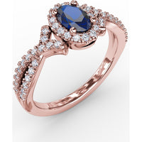 Twisted Split Shank Ring with Oval Sapphire Halo and Pavé Diamonds by Fana - 1.01 Carat Total Gemstone Weight