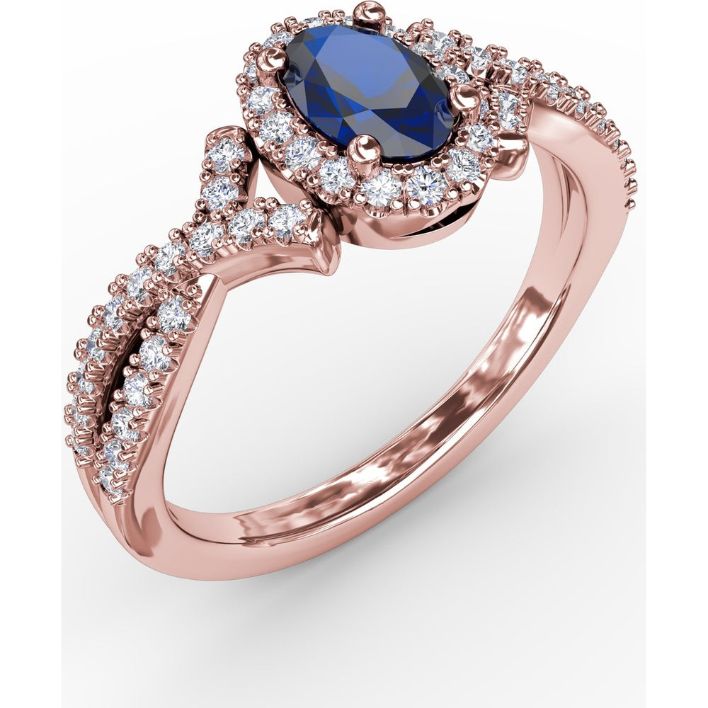 Twisted Split Shank Ring with Oval Sapphire Halo and Pavé Diamonds by Fana - 1.01 Carat Total Gemstone Weight