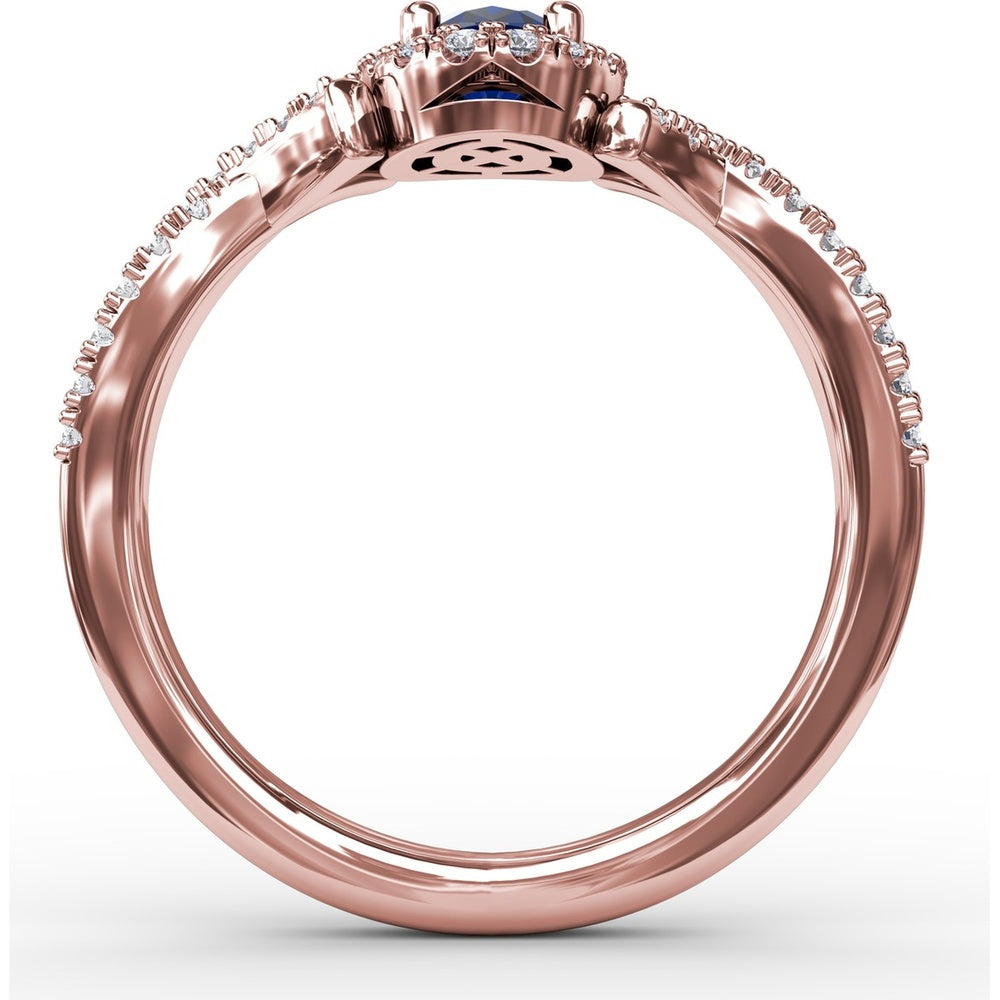Twisted Split Shank Ring with Oval Sapphire Halo and Pavé Diamonds by Fana - 1.01 Carat Total Gemstone Weight