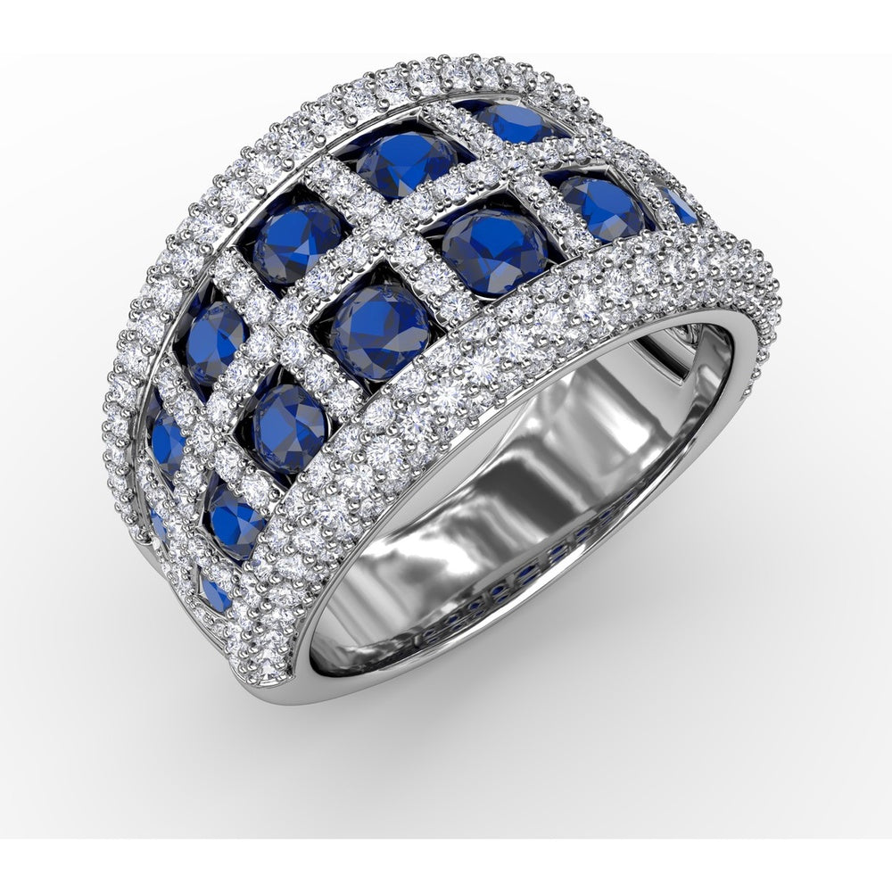 Two-Row Openwork Band with Round Sapphires and Pavé Diamond Milgrain by Fana - 3.48 Carat Total Gemstone Weight