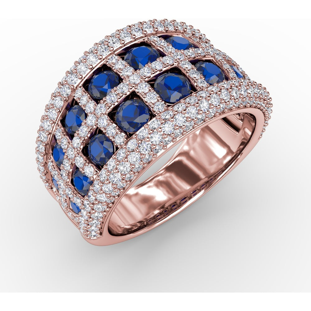 Two-Row Openwork Band with Round Sapphires and Pavé Diamond Milgrain by Fana - 3.48 Carat Total Gemstone Weight