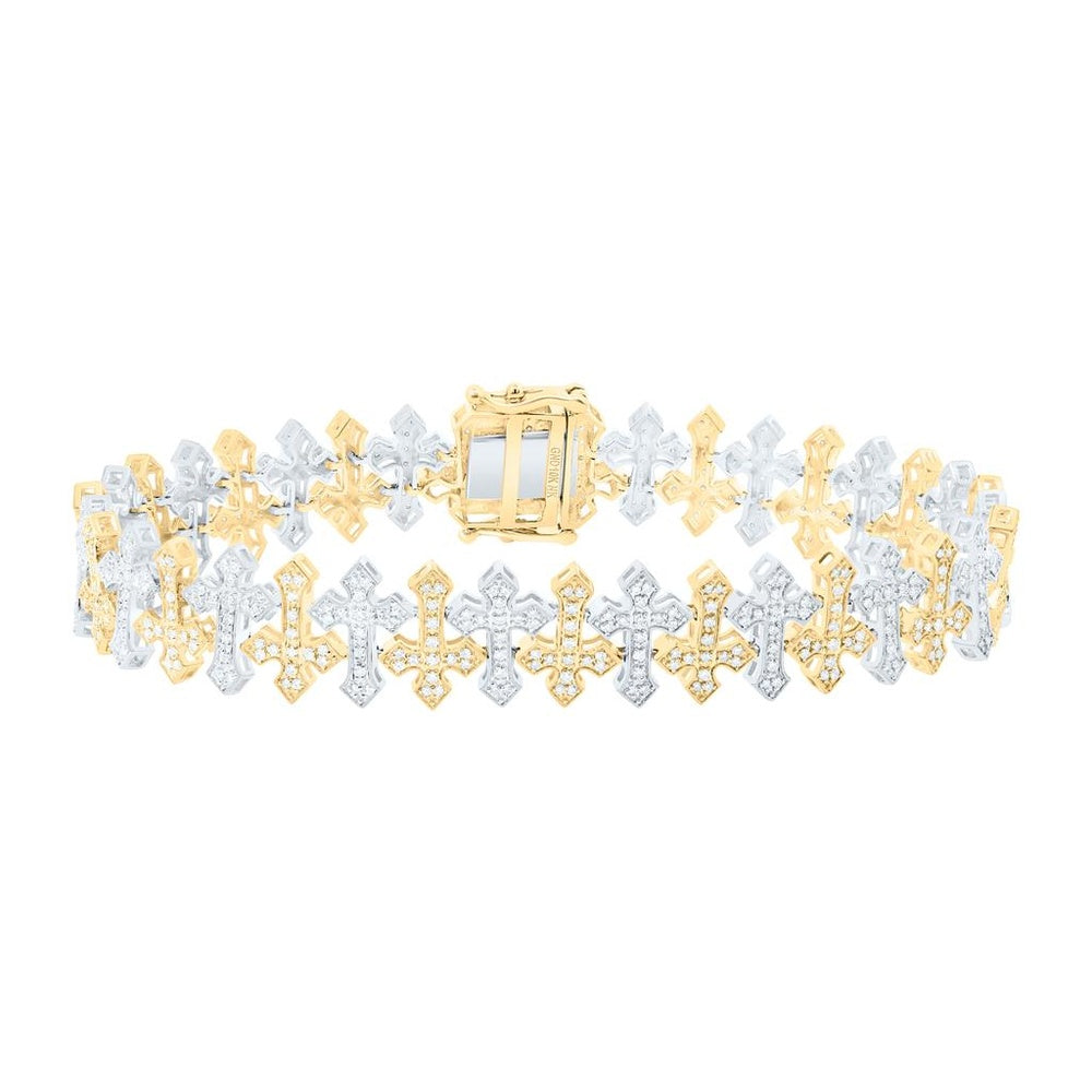 Two-Tone Gold Diamond Cross 8-Inch Bracelet - 1 3/4 Carat Total Diamond Weight