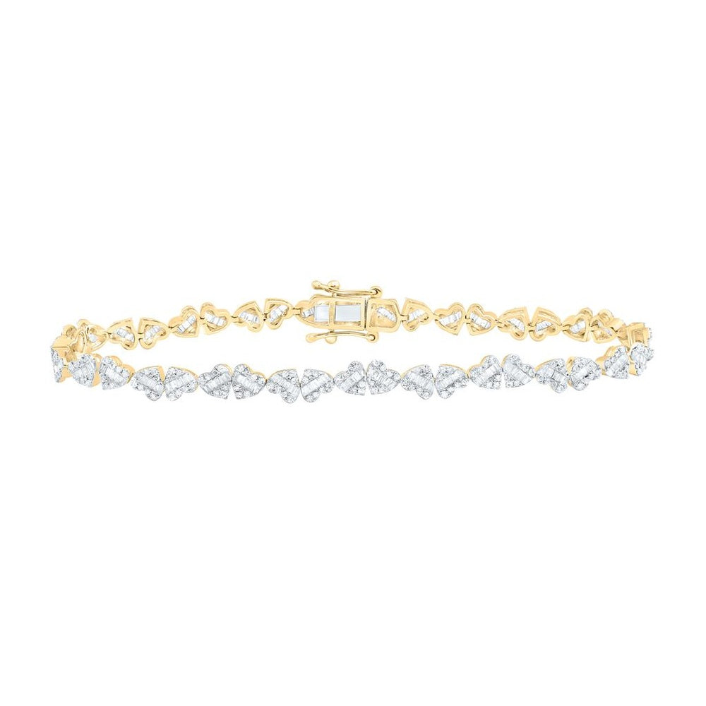 Two-Tone Gold Natural Diamond Heart Bracelet ( 7 Inch ) - 1 3/4 Carat Total Diamond Weight