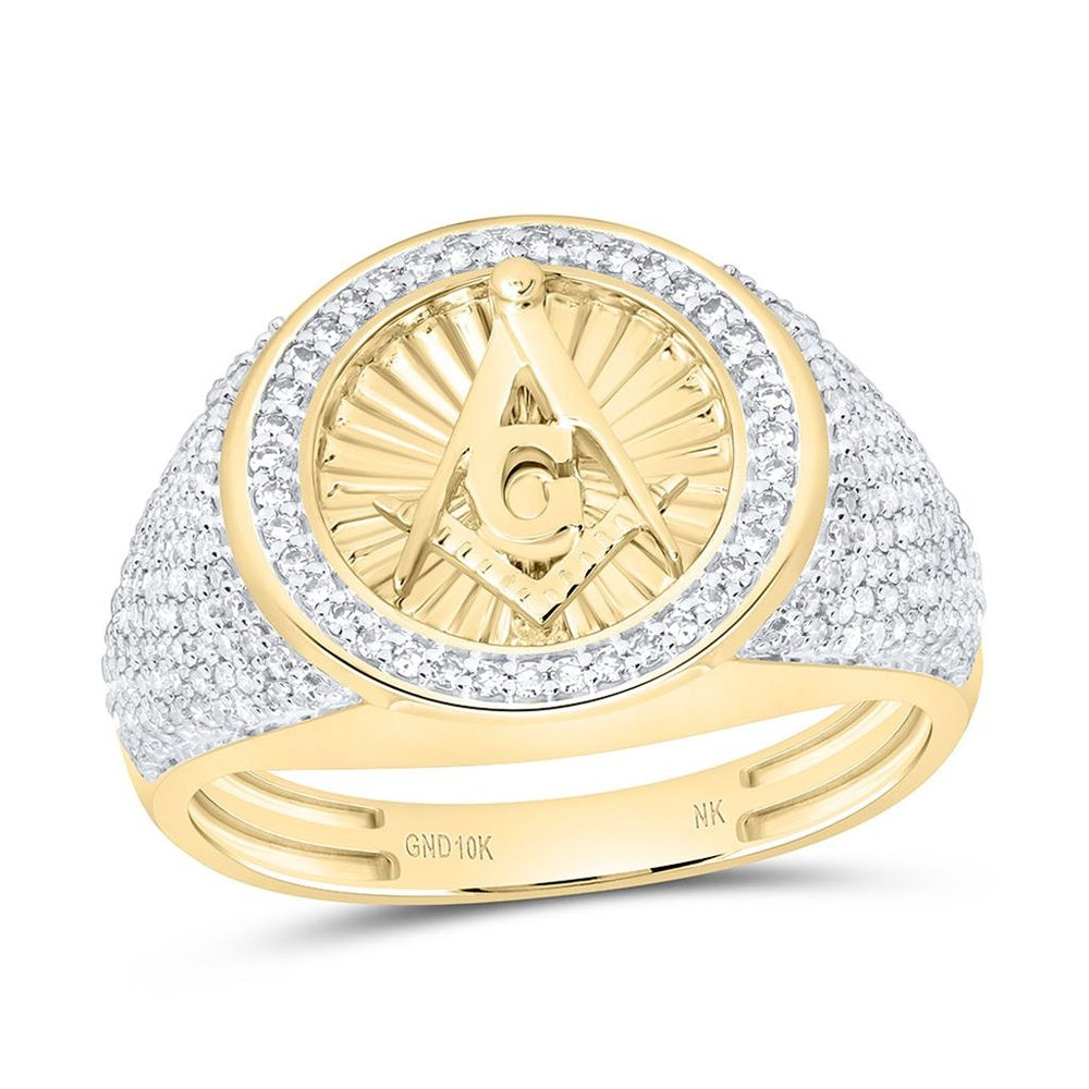 Two-Tone Gold Natural Diamond Massonic Round Men's Ring - 3/4 Carat Total Diamond Weight