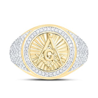 Two-Tone Gold Natural Diamond Massonic Round Men's Ring - 3/4 Carat Total Diamond Weight