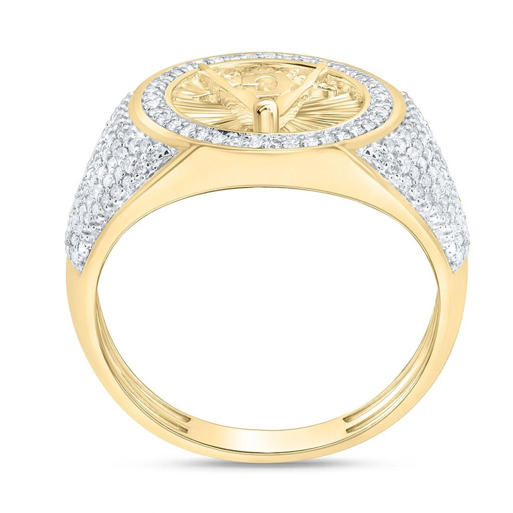 Two-Tone Gold Natural Diamond Massonic Round Men's Ring - 3/4 Carat Total Diamond Weight