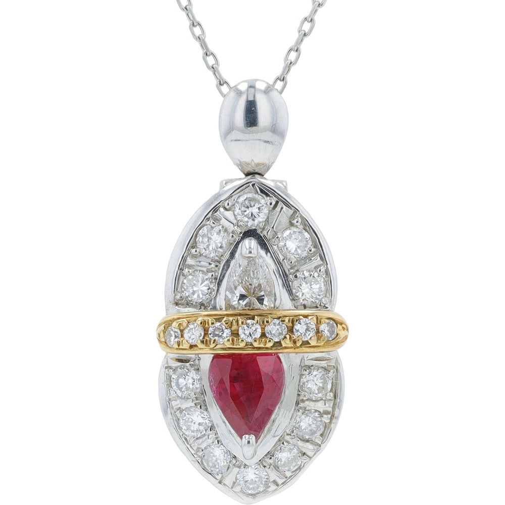 Two-Tone Platinum and 18K Yellow Gold Pendant with Pear-Cut Ruby and Diamond Halo - 0.77 Carat Ruby and 0.77 Carat Diamond Total Weight