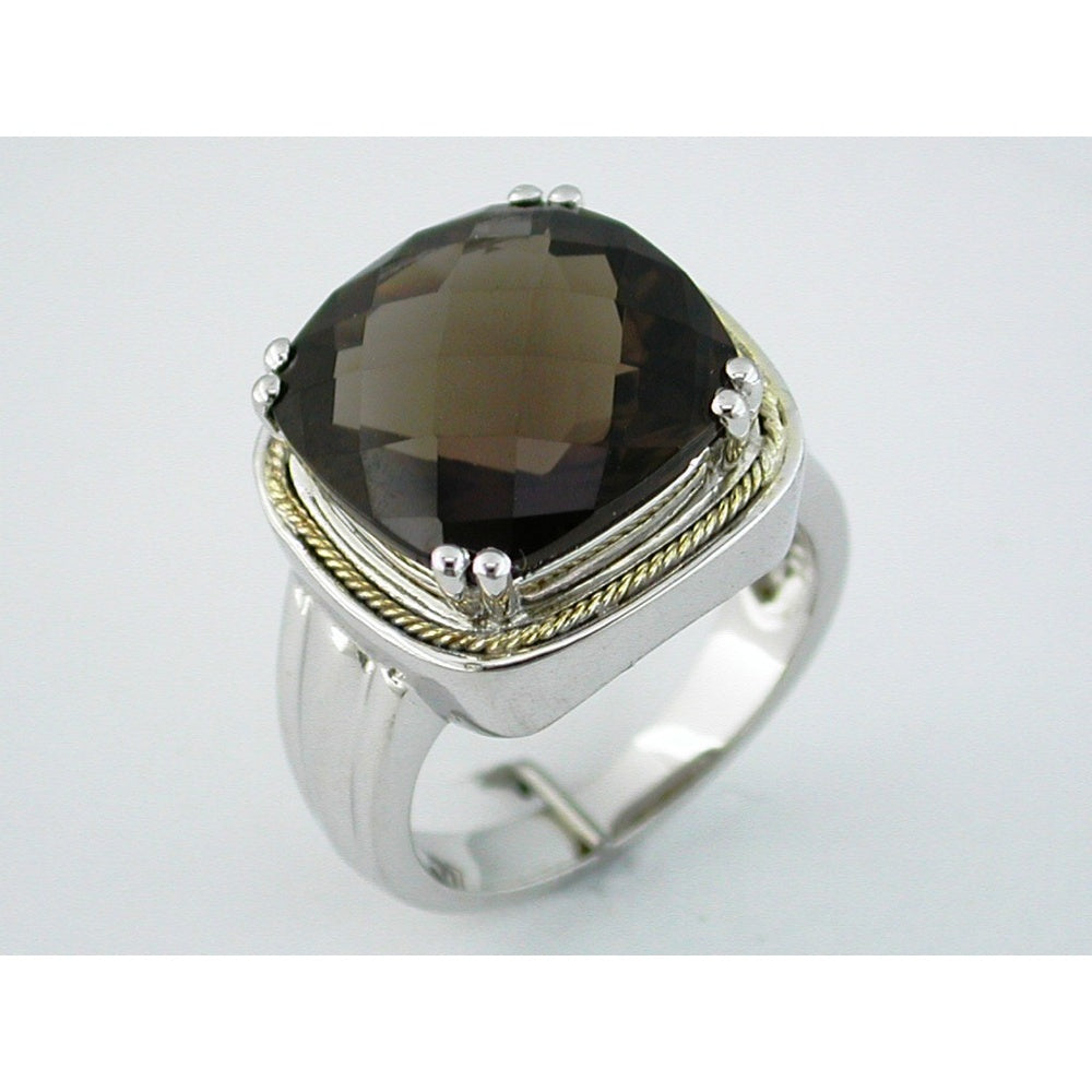 Two-Tone Silver and Gold Adjustable Ring with 9.30 Carat Checkerboard Faceted Smoky Quartz - Royal Jewelry