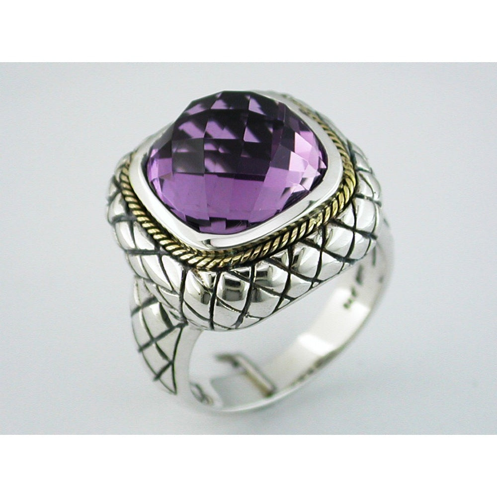 Two-Tone Silver and Gold Adjustable Statement Ring with 7.80 Carat Checkered Board Cut Amethyst - Royal Jewelry